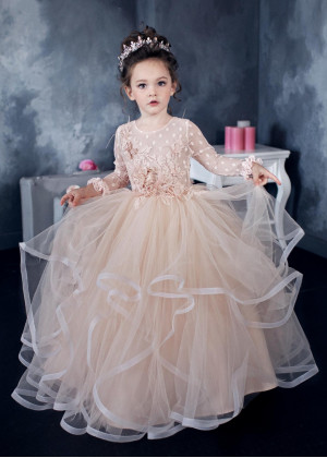 Champagne Tulle Heart Back Flower Girl Dress